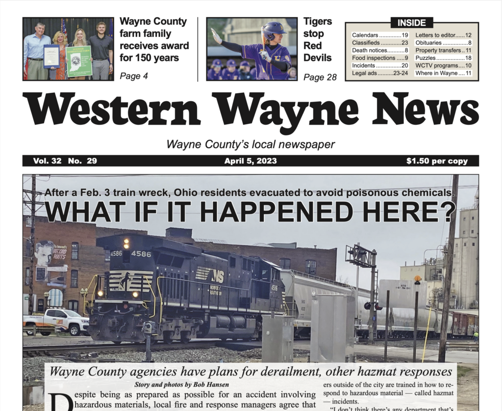 An image of the top half of the April 5, 2023 front page of the Western Wayne News