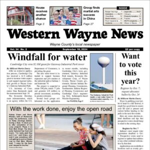 The top half of the front page of the latest issue of the Western Wayne News