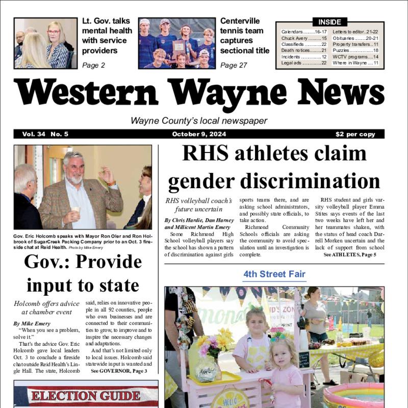 An image of the top half of the front page of the Oct 9, 2024 WWN
