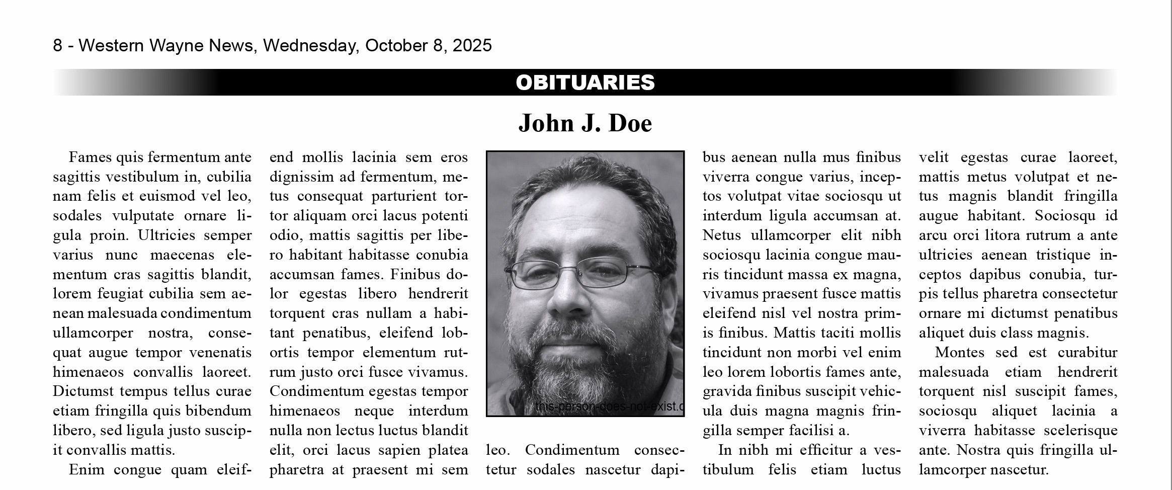 Example obituary from a newspaper page layout.