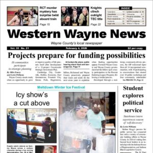 The top half of the front page of the latest issue of the Western Wayne News